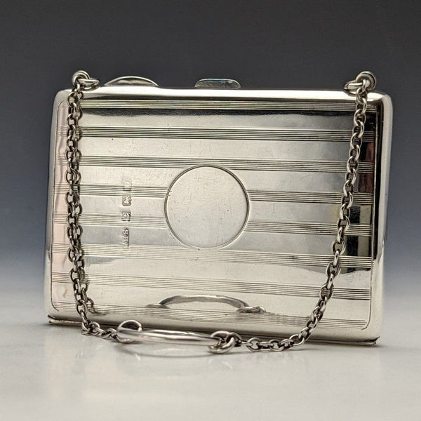 1913 British Antique Pure Silver Card Case with Chain 73g William Henry Sparrow